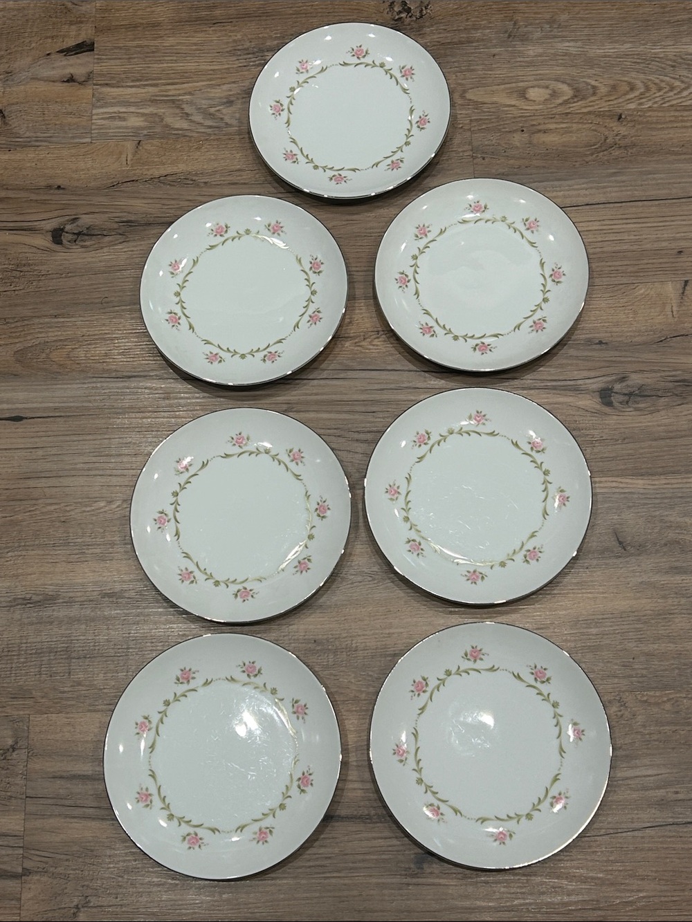 Style House Classic Floral White Salad Plates with Pink Rose Trim - Set of 7